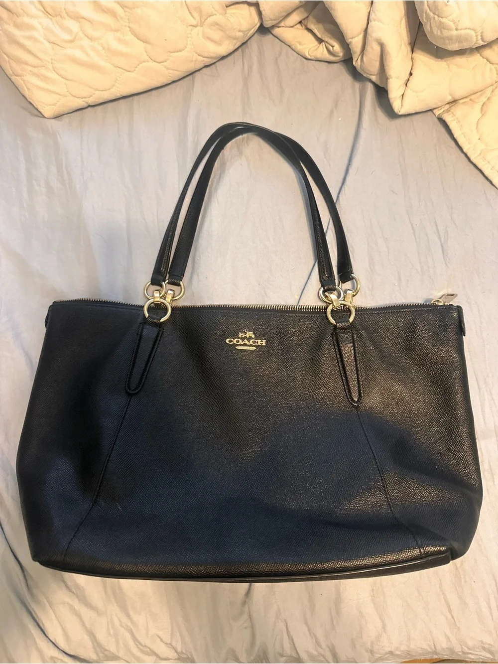 Coach Black Leather Double-Handle Tote with Gold Hardware